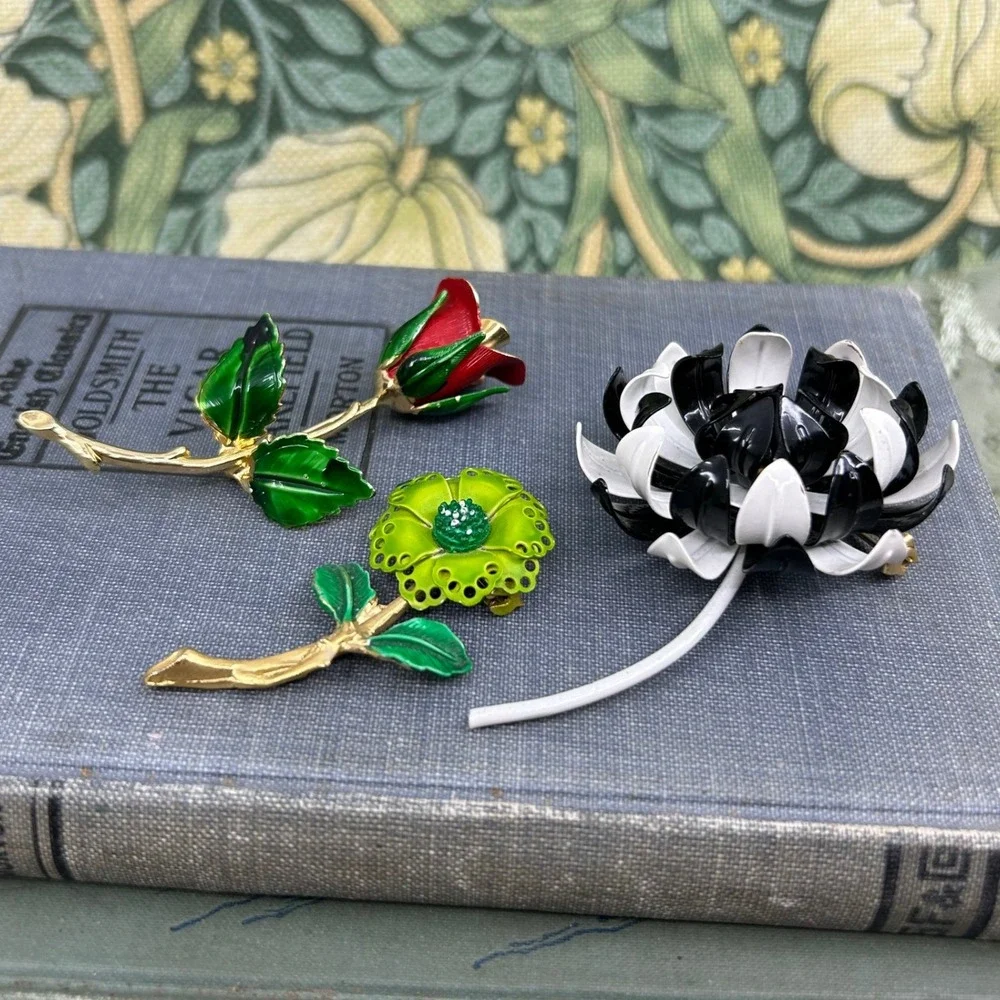 Vintage Metal Enamel Painted Mod Flower Brooch Lot of 3 Floral